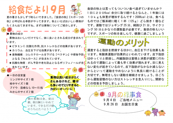 給食だより9月号が完成しました。